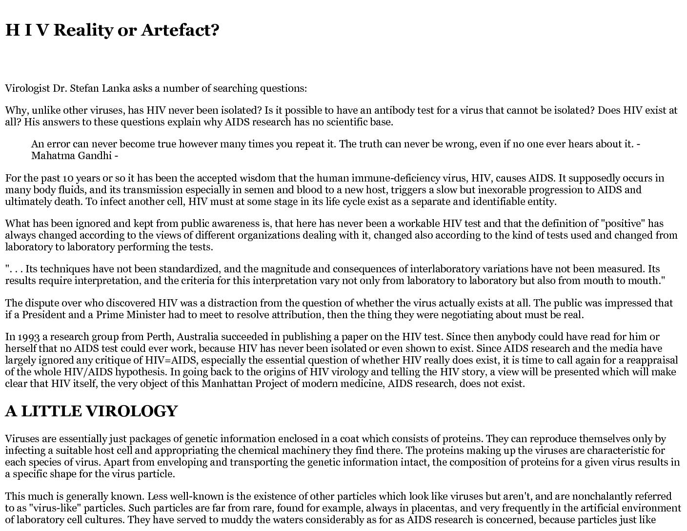 H I V Reality or Artefact Stefan Lanka