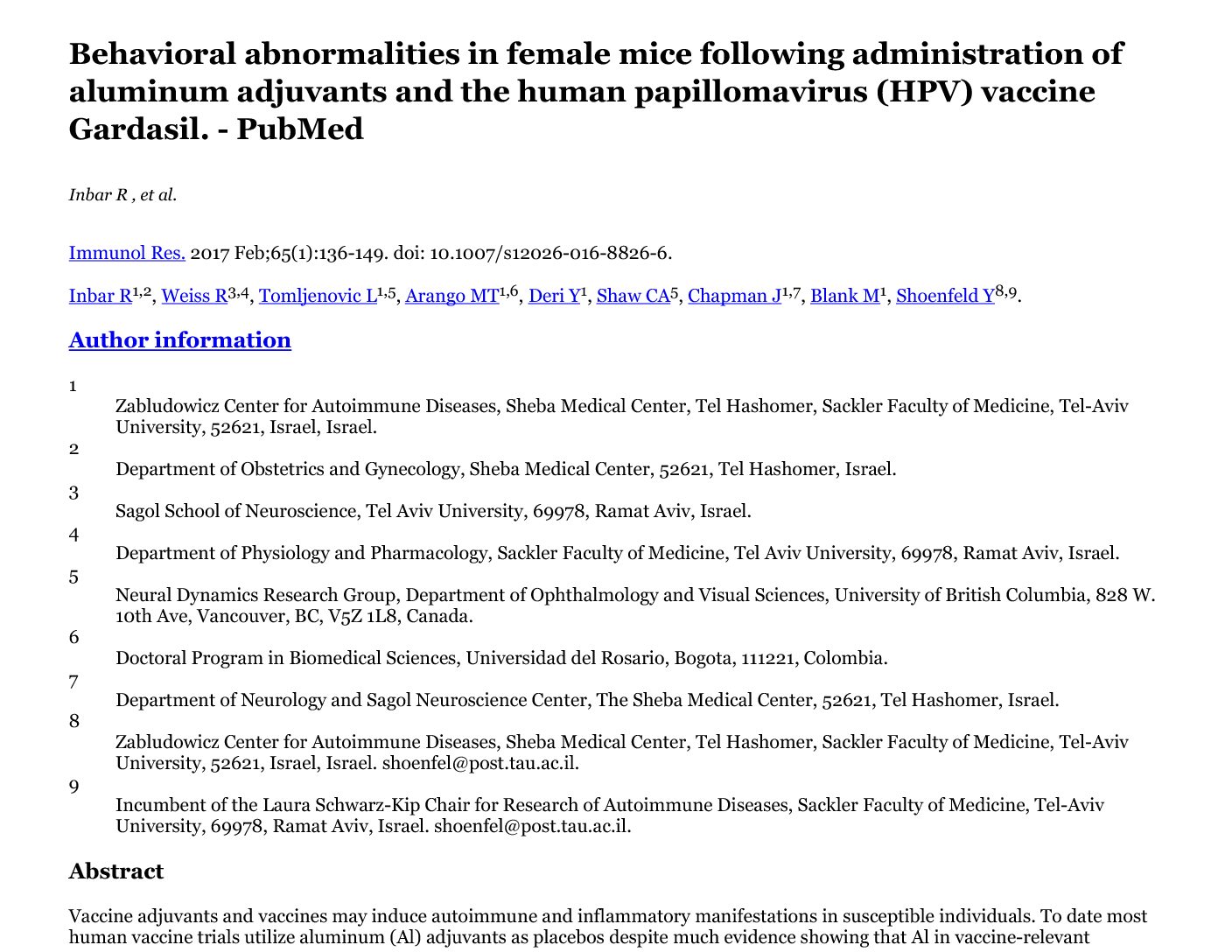 Behavioral abnormalities in female mice following administration of aluminum adjuvants and the human papillomavirus (HPV) vacci