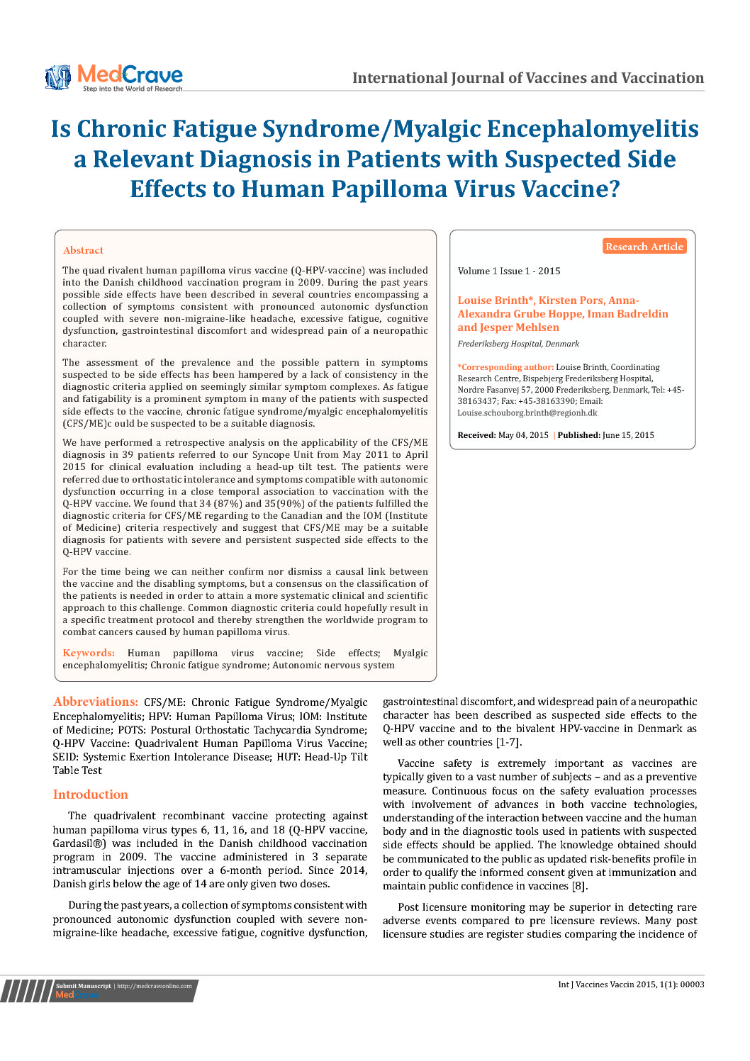Chronic Fatigue – Myalgic Encephalomyelitis after HPV Vaccine