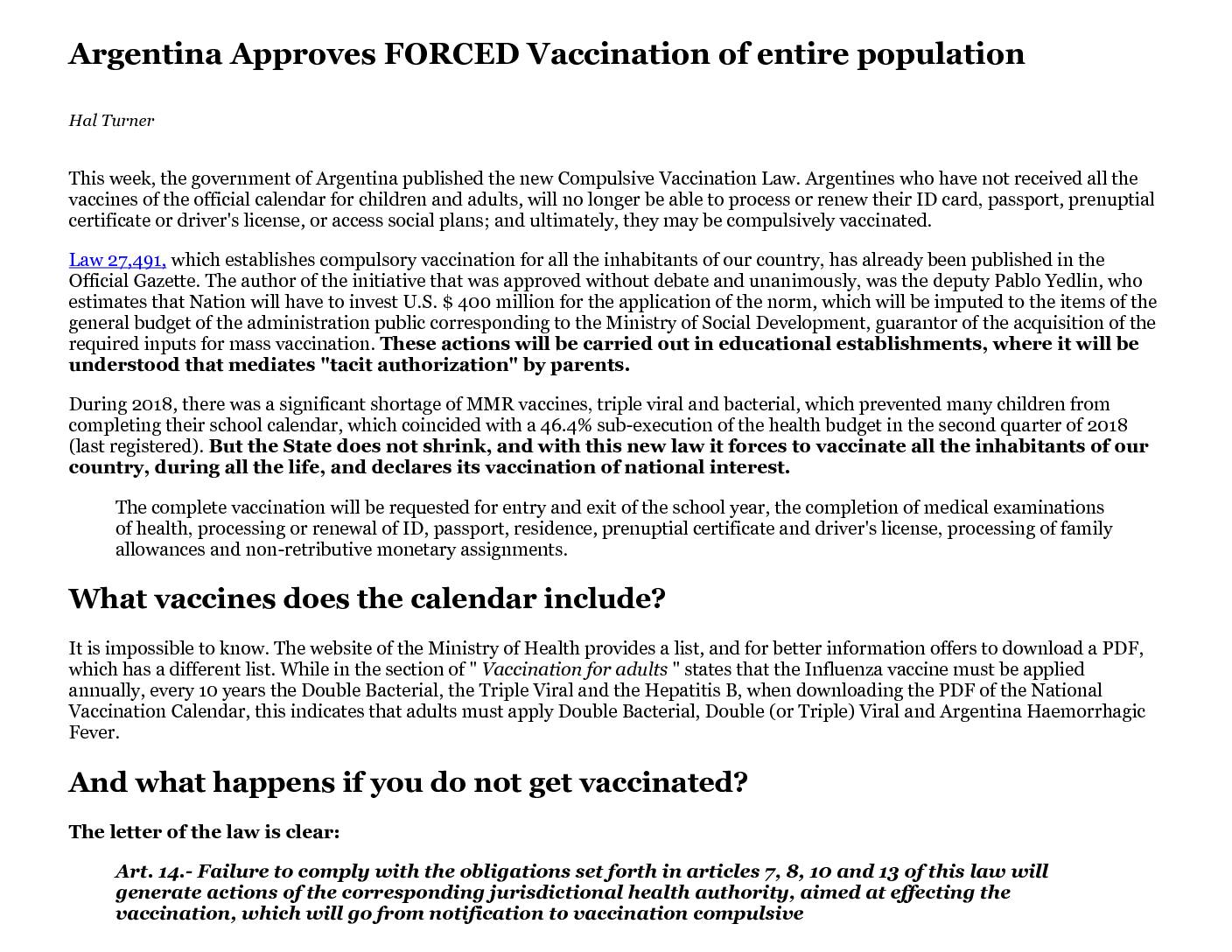 Argentina Approves FORCED Vaccination of entire population
