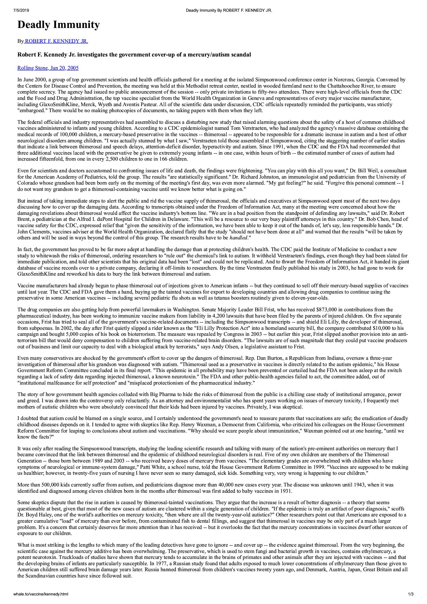 Deadly Immunity By ROBERT F. KENNEDY JR